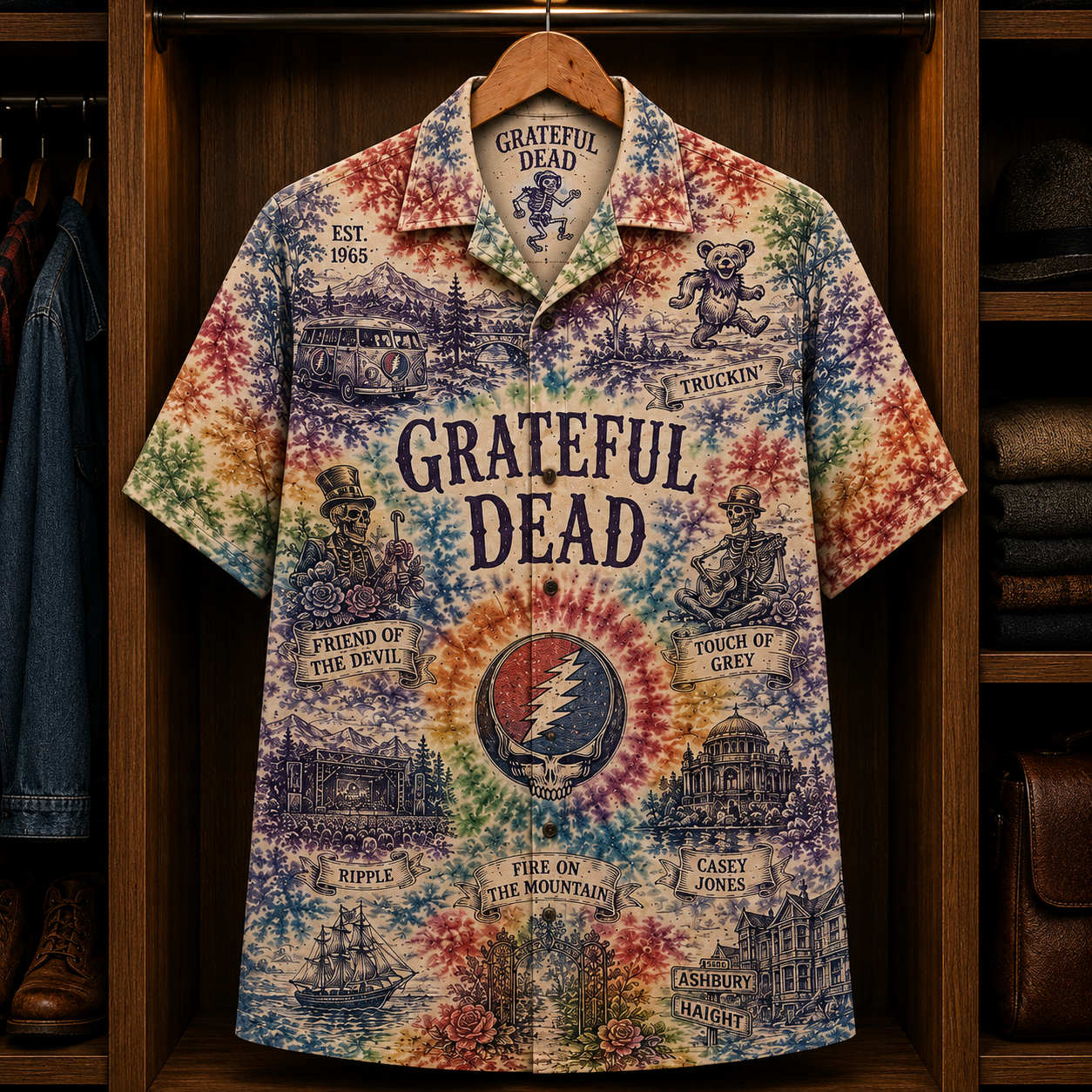 Grateful Dead Tie-Dye Hawaiian Shirt - Vintage Psychedelic Rock Band Button-Up Summer Shirt for Deadheads