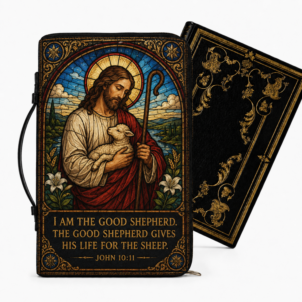 Jesus The Good Shepherd Bible Cover - Christian Leather Bible Cover with John 10:11 Scripture Design