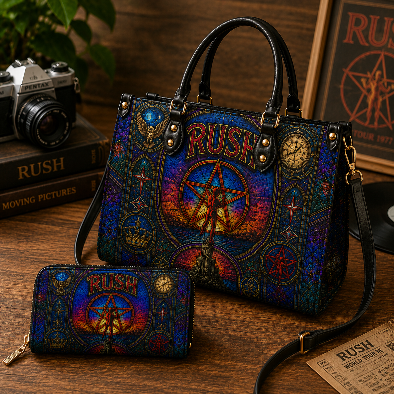 Rush Leather Handbag, Leather Tote Bag, Leather Wallet Set - Stained Glass Rush Band Fan Gift, Luxury Rock Music Accessories
