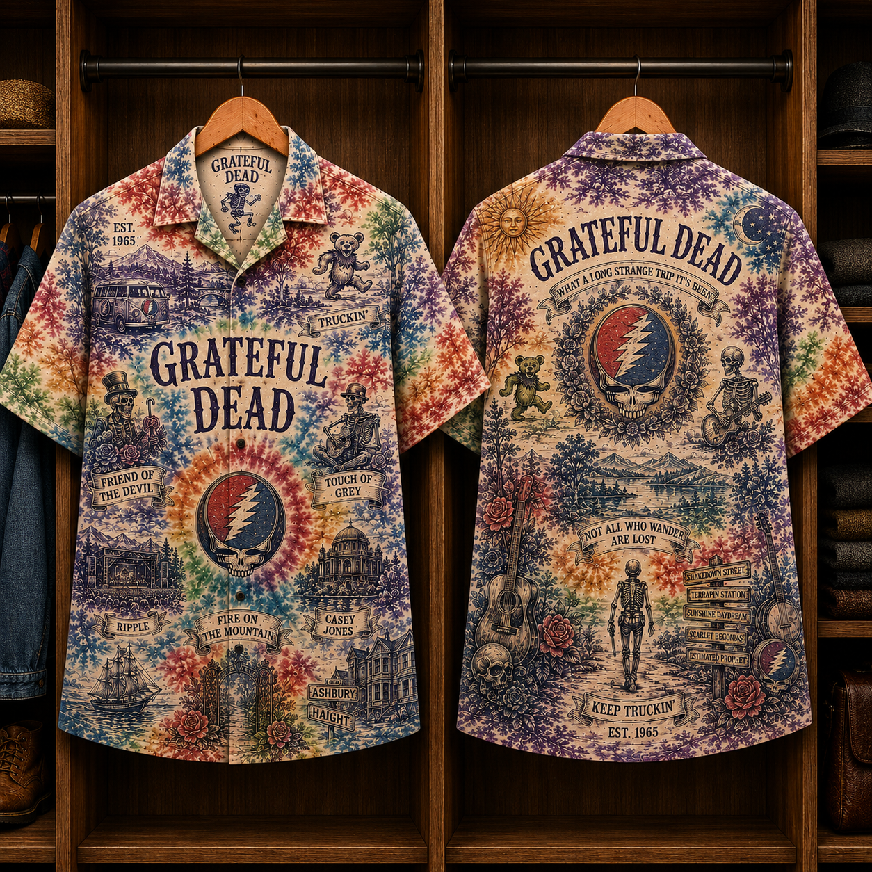 Grateful Dead Tie-Dye Hawaiian Shirt - Vintage Psychedelic Rock Band Button-Up Summer Shirt for Deadheads