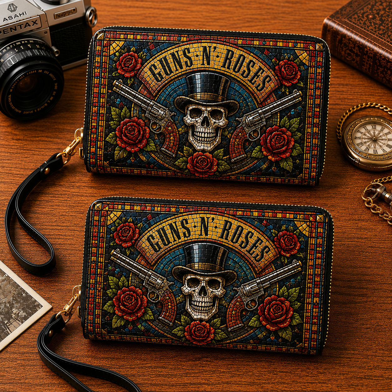 Guns N' Roses Leather Handbag, Leather Tote Bag, Leather Wallet Set - Stained Glass Mosaic Guns N' Roses Band Fan Gift, Luxury Rock Music Accessories