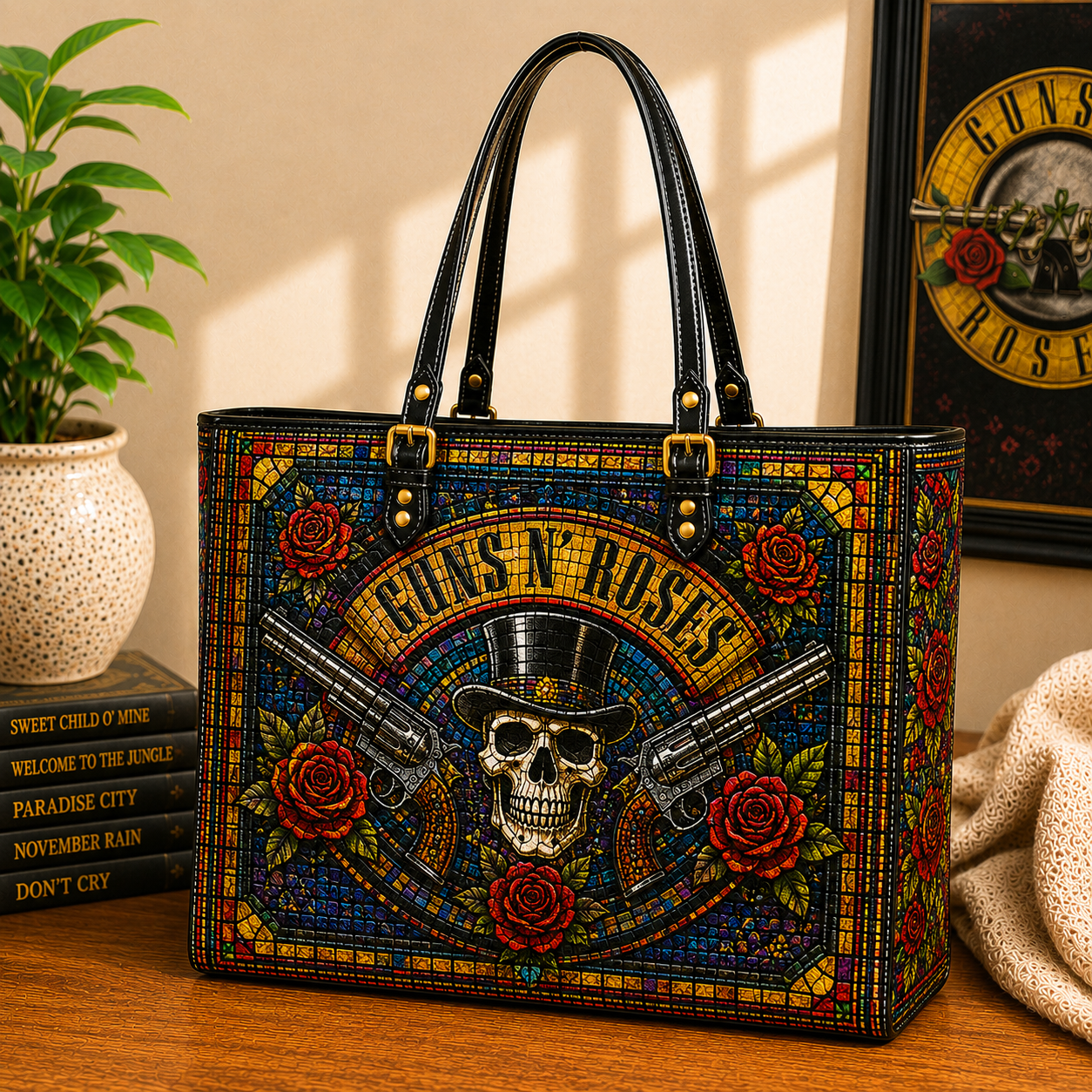 Guns N' Roses Leather Handbag, Leather Tote Bag, Leather Wallet Set - Stained Glass Mosaic Guns N' Roses Band Fan Gift, Luxury Rock Music Accessories