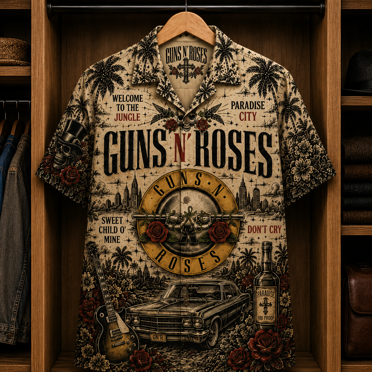 Guns N' Roses Paradise City Hawaiian Shirt - Classic Hard Rock Band Graphic Button-Up Summer Shirt for Guns N' Roses Fans