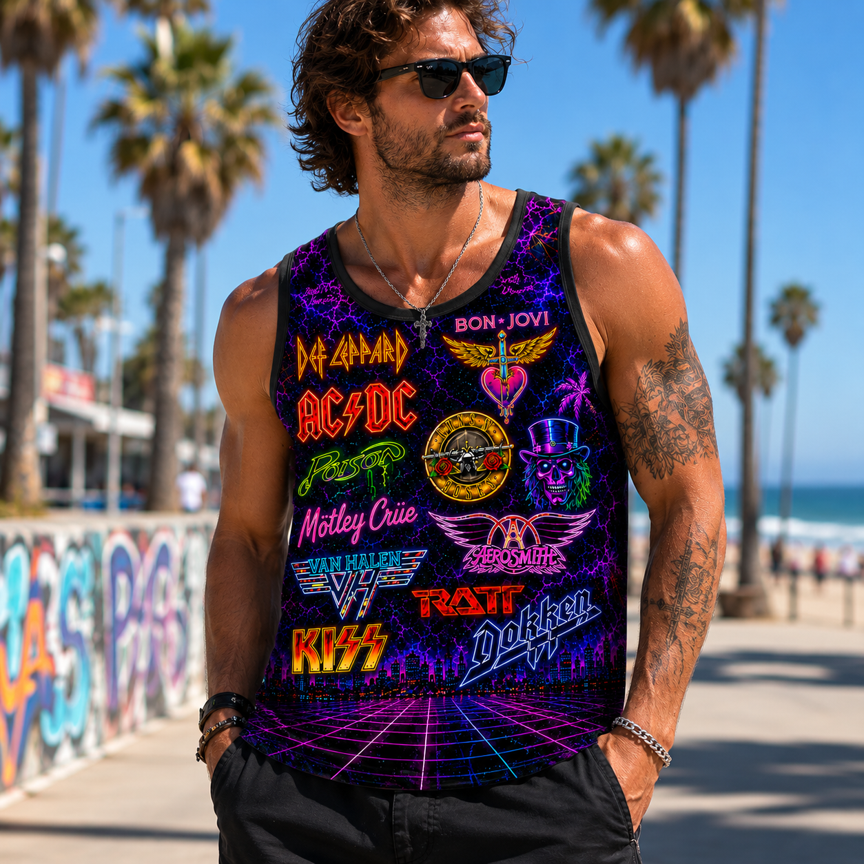 80s Rock Metal Tank Top - Neon Classic Rock Bands All-Over Print Retro Summer Sleeveless Shirt