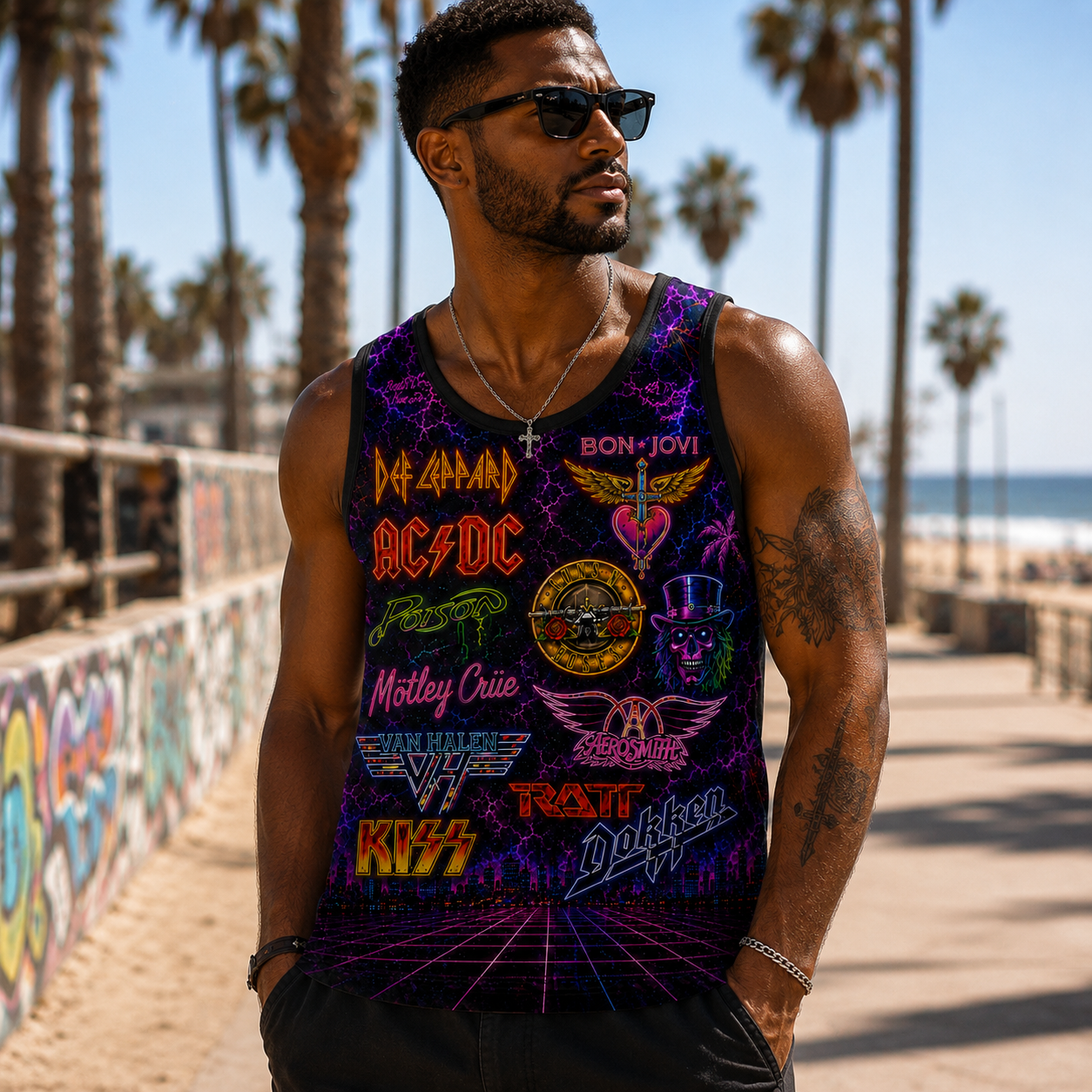 80s Rock Metal Tank Top - Neon Classic Rock Bands All-Over Print Retro Summer Sleeveless Shirt