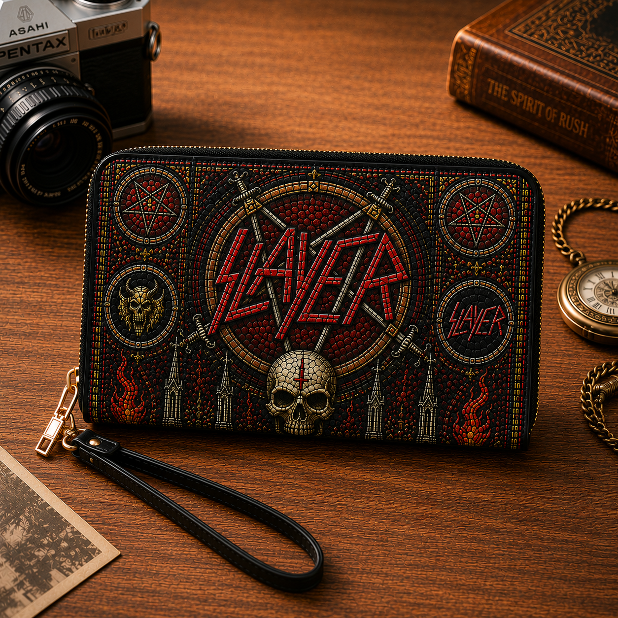 Slayer Leather Handbag, Leather Tote Bag, Leather Wallet Set - Stained Glass Slayer Band Fan Gift, Luxury Rock Music Accessories