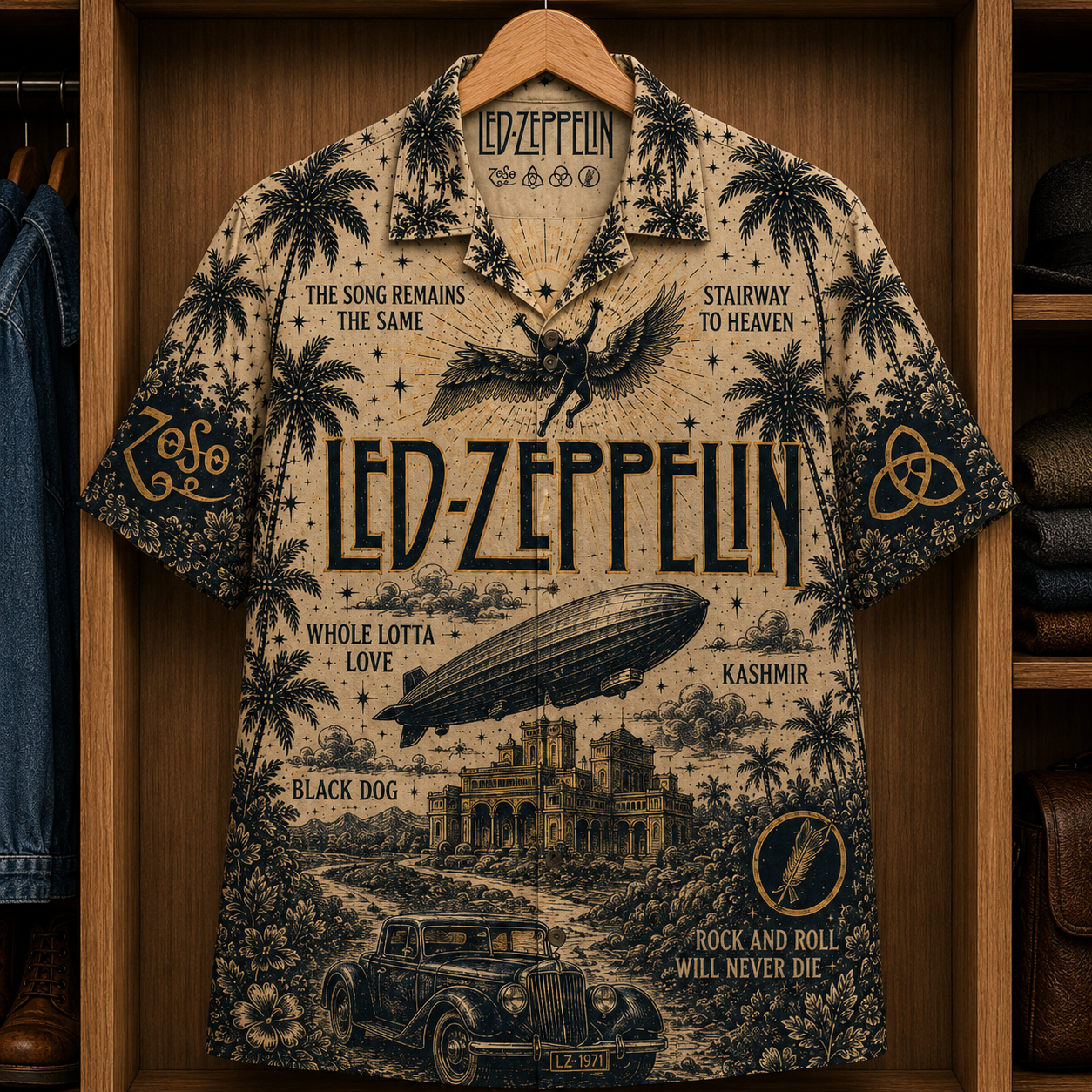 Led Zeppelin Stairway to Heaven Hawaiian Shirt - Classic Rock Band Symbols Button-Up Summer Shirt for Led Zeppelin Fans