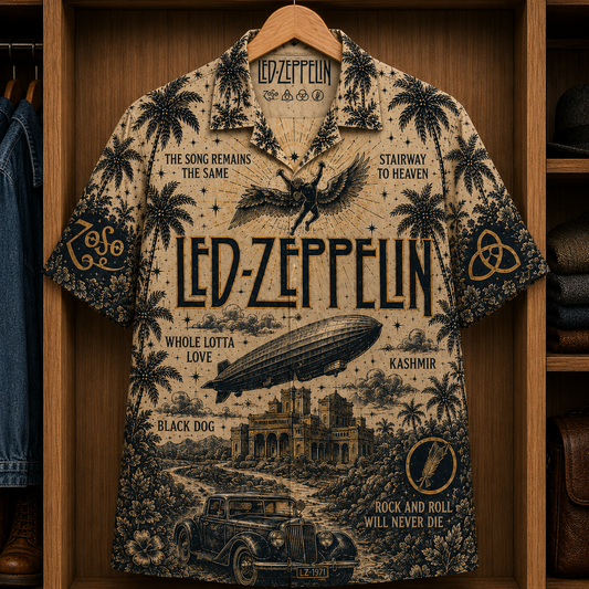 Led Zeppelin Stairway to Heaven Hawaiian Shirt - Classic Rock Band Symbols Button-Up Summer Shirt for Led Zeppelin Fans