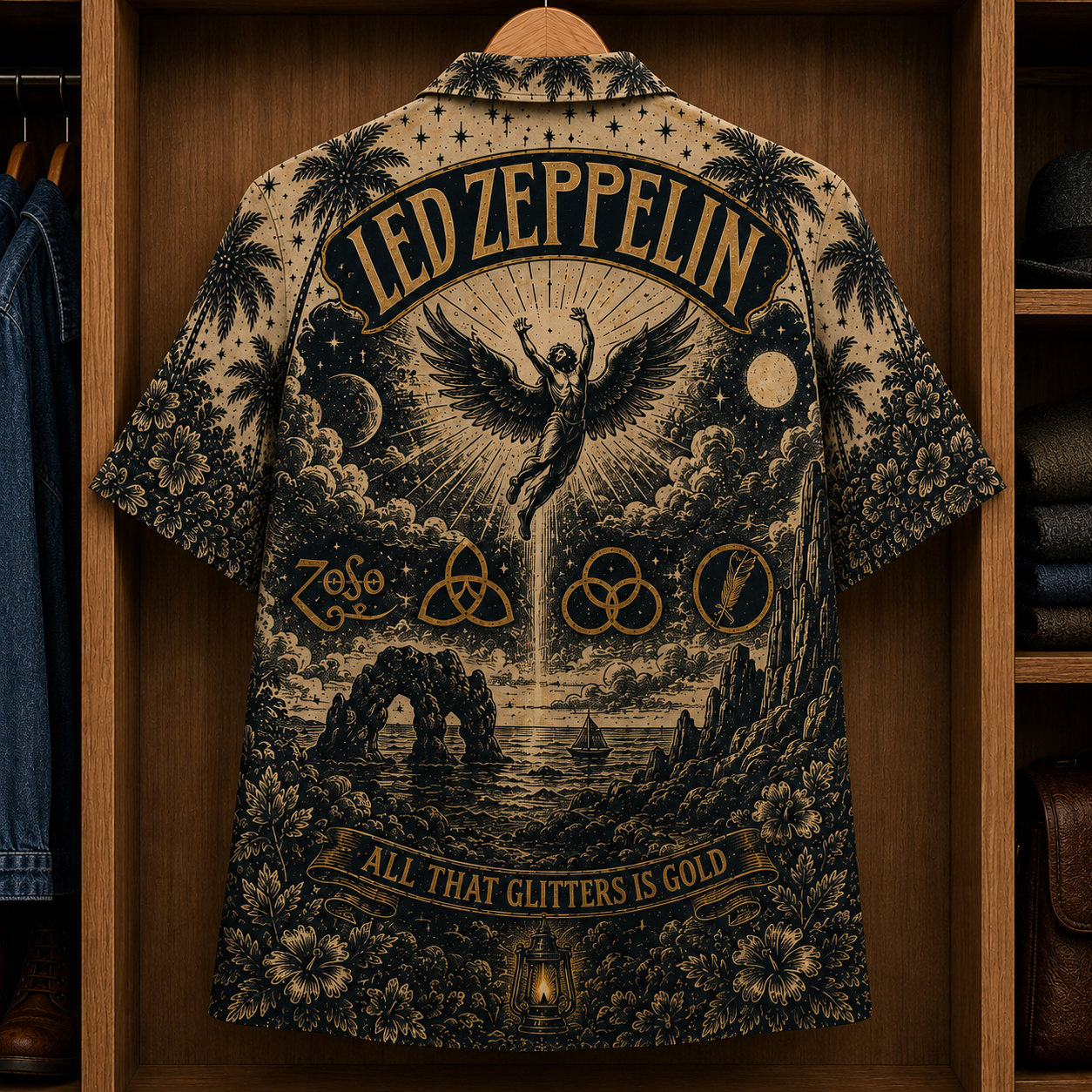 Led Zeppelin Stairway to Heaven Hawaiian Shirt - Classic Rock Band Symbols Button-Up Summer Shirt for Led Zeppelin Fans