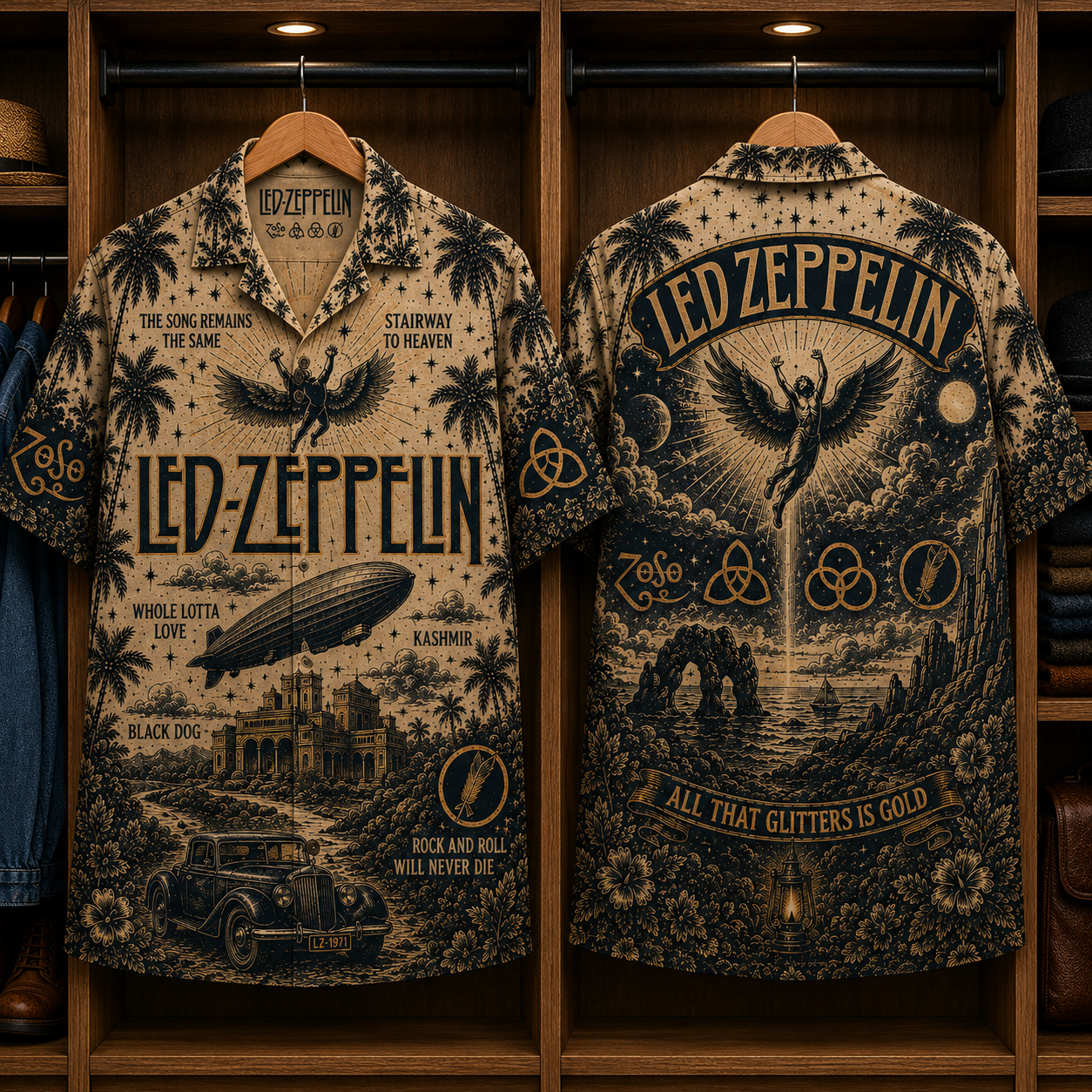 Led Zeppelin Stairway to Heaven Hawaiian Shirt - Classic Rock Band Symbols Button-Up Summer Shirt for Led Zeppelin Fans