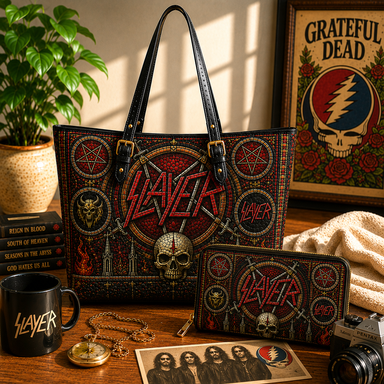 Slayer Leather Handbag, Leather Tote Bag, Leather Wallet Set - Stained Glass Slayer Band Fan Gift, Luxury Rock Music Accessories