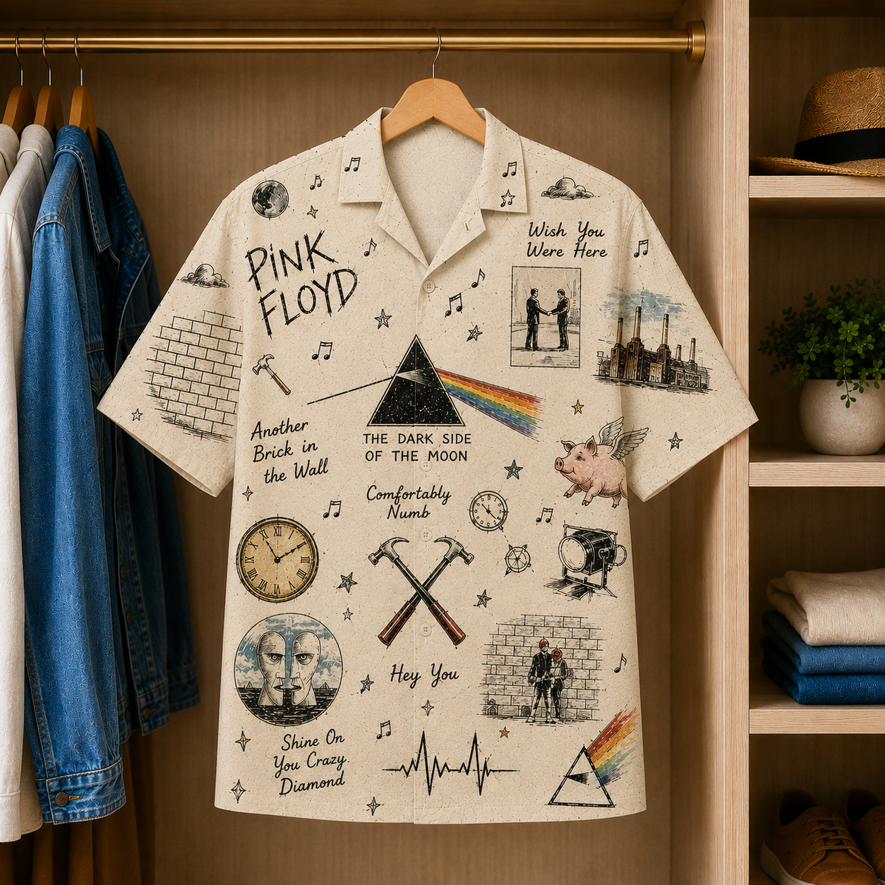 Pink Floyd Vintage Sketch Hawaiian Shirt - Button Up Shirt with Dark Side of the Moon, Wish You Were Here and The Wall Art