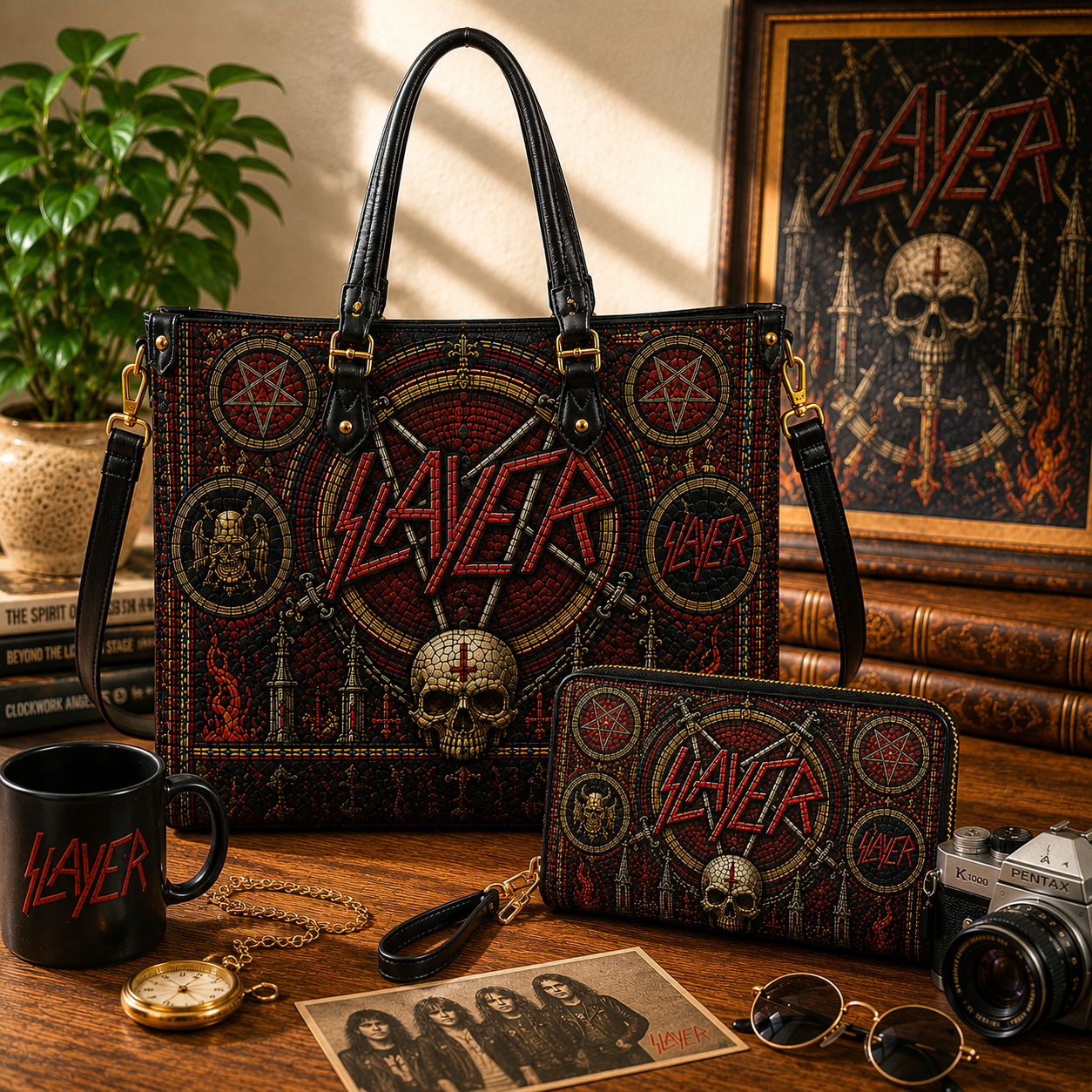 Slayer Leather Handbag, Leather Tote Bag, Leather Wallet Set - Stained Glass Slayer Band Fan Gift, Luxury Rock Music Accessories
