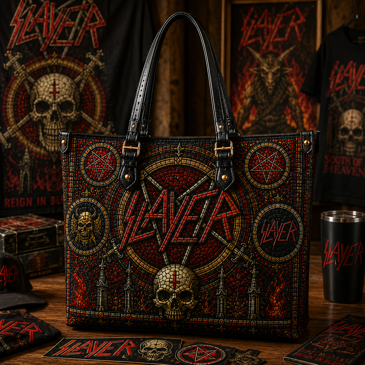 Slayer Leather Handbag, Leather Tote Bag, Leather Wallet Set - Stained Glass Slayer Band Fan Gift, Luxury Rock Music Accessories