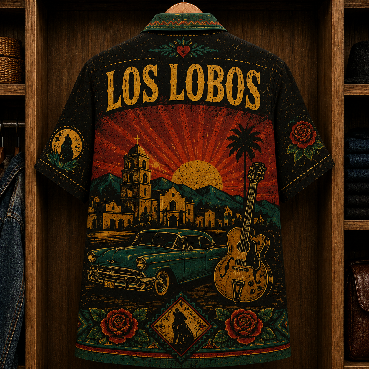 Los Lobos La Bamba Hawaiian Shirt - Chicano Rock Band Vintage Guitar Button-Up Summer Shirt for Fans