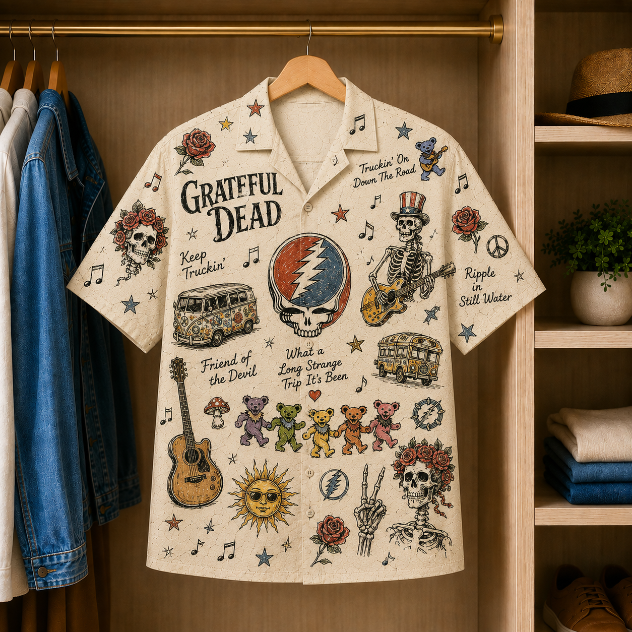 Grateful Dead Vintage Sketch Hawaiian Shirt - Steal Your Face Button Up Shirt with Dancing Bears, Roses and Classic Deadhead Art