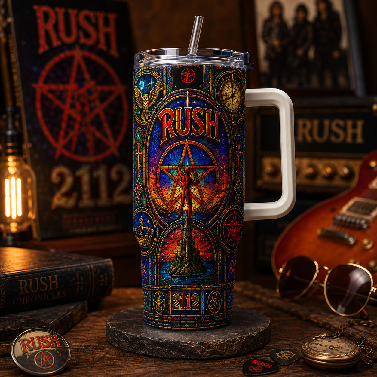 Rush 2112 Stained Glass Tumbler - 20oz 40oz Stainless Steel Travel Mug Inspired by Classic Progressive Rock