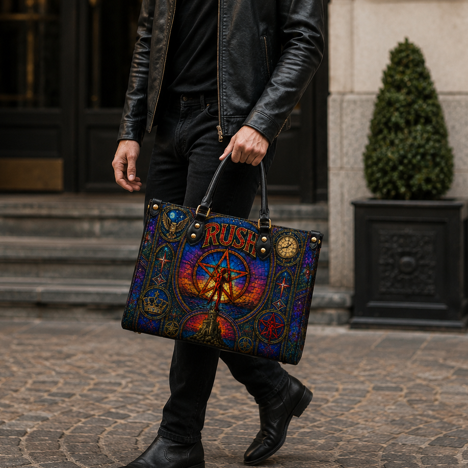 Rush Leather Handbag, Leather Tote Bag, Leather Wallet Set - Stained Glass Rush Band Fan Gift, Luxury Rock Music Accessories