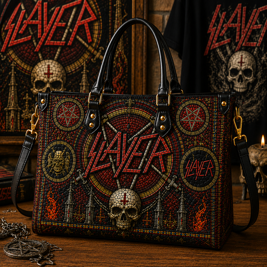 Slayer Leather Handbag, Leather Tote Bag, Leather Wallet Set - Stained Glass Slayer Band Fan Gift, Luxury Rock Music Accessories