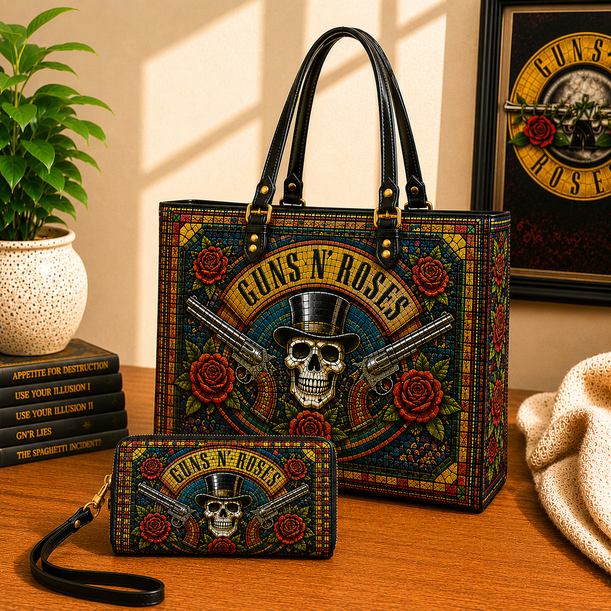 Guns N' Roses Leather Handbag, Leather Tote Bag, Leather Wallet Set - Stained Glass Mosaic Guns N' Roses Band Fan Gift, Luxury Rock Music Accessories