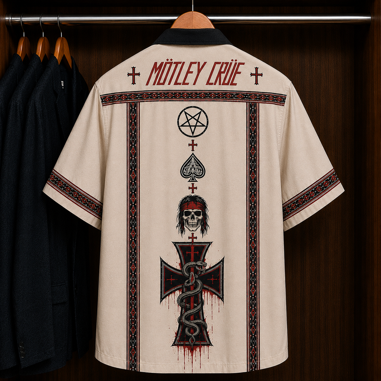 Mötley Crüe Skull Cross Bohemian Hawaiian Shirt - Mexican Inspired Hawaiian Shirt White Version