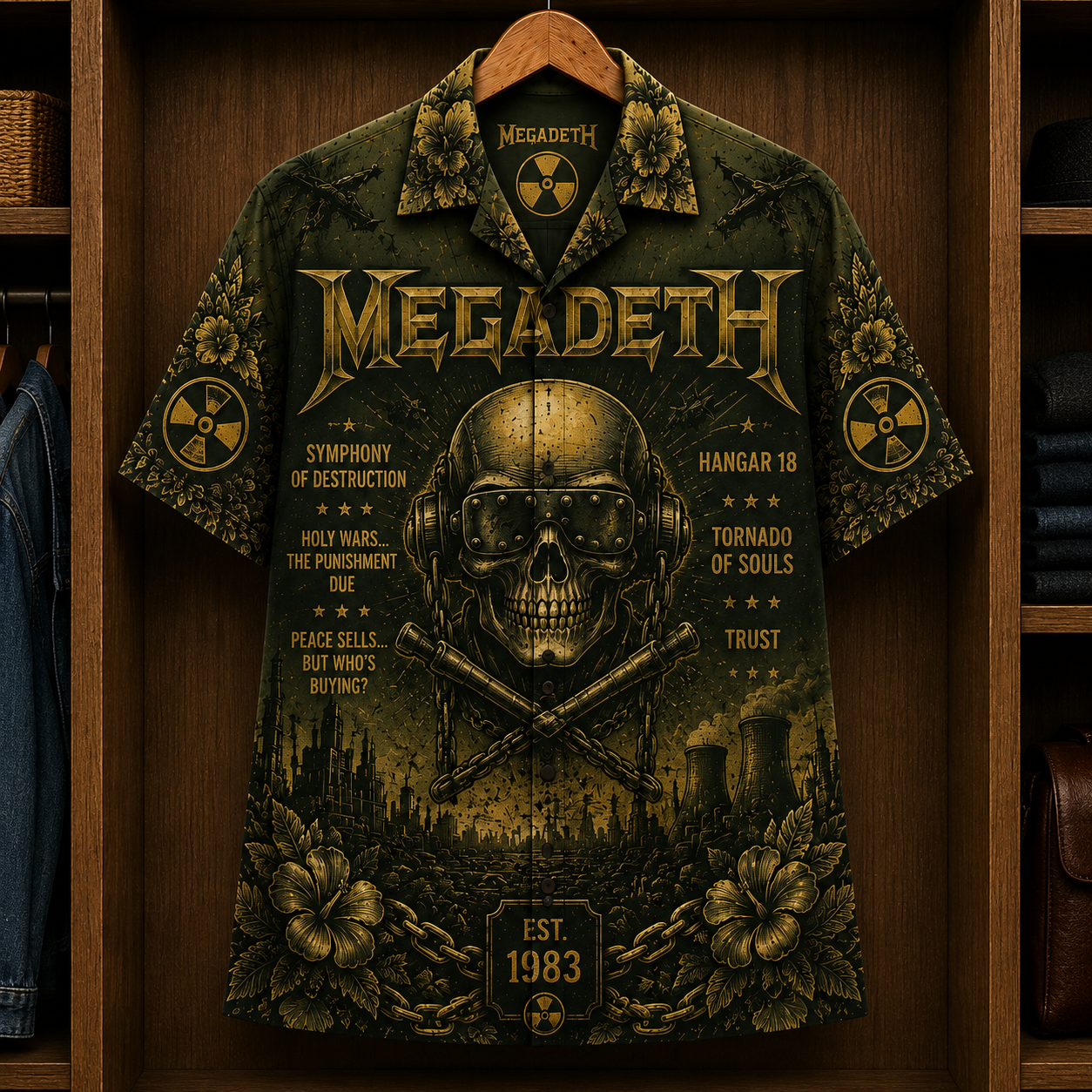 Megadeth Thrash Metal Hawaiian Shirt - Vic Rattlehead Skull Graphic Button-Up Summer Shirt for Heavy Metal Fans