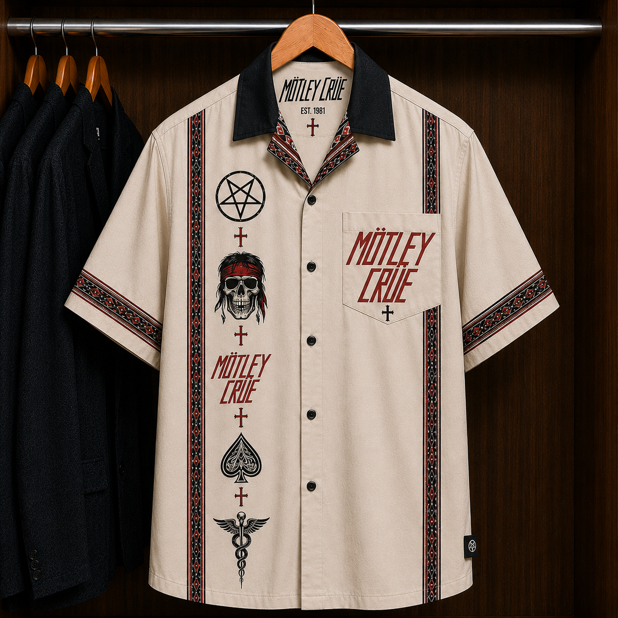 Mötley Crüe Skull Cross Bohemian Hawaiian Shirt - Mexican Inspired Hawaiian Shirt White Version
