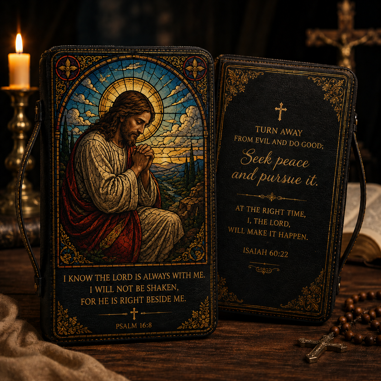 Christian Bible Cover - Praying Jesus Bible Cover with Psalm 16:8 and Isaiah 60:22 Scripture Design