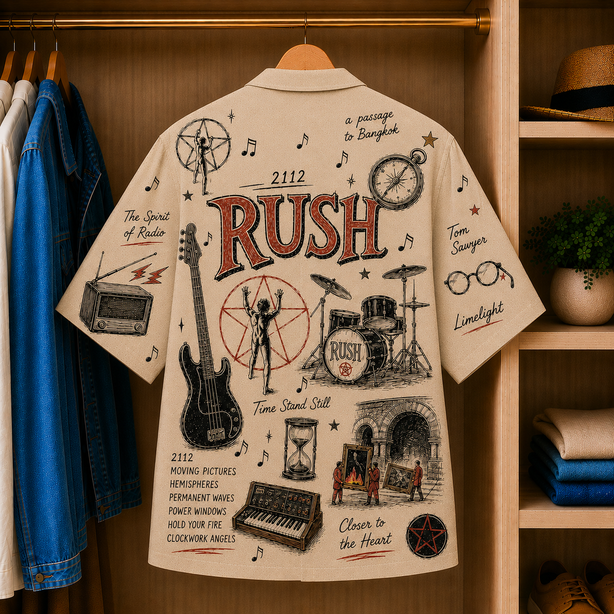 Rush Vintage Sketch Hawaiian Shirt - 2112 Button Up Shirt with Tom Sawyer, Limelight and Progressive Rock Artwork (Copy)