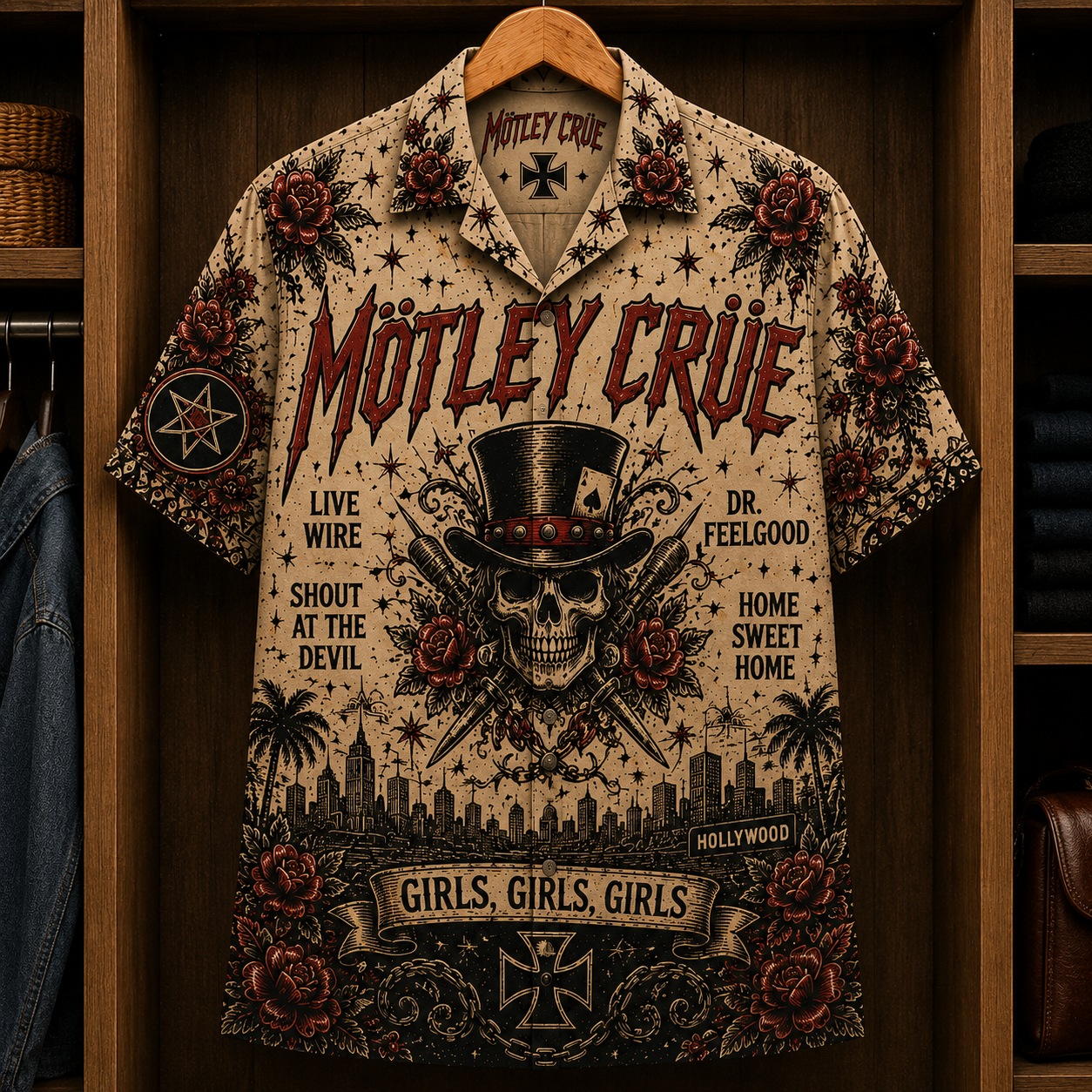 Mötley Crüe Girls, Girls, Girls Hawaiian Shirt - Vintage Glam Metal Band Skull Graphic Button-Up Summer Shirt for Rock Fans