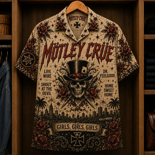 Mötley Crüe Girls, Girls, Girls Hawaiian Shirt - Vintage Glam Metal Band Skull Graphic Button-Up Summer Shirt for Rock Fans