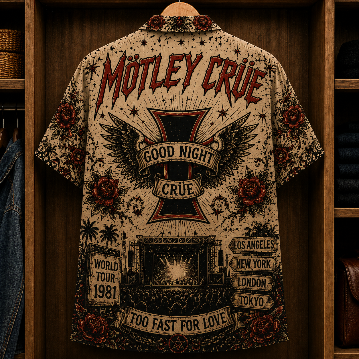 Mötley Crüe Girls, Girls, Girls Hawaiian Shirt - Vintage Glam Metal Band Skull Graphic Button-Up Summer Shirt for Rock Fans