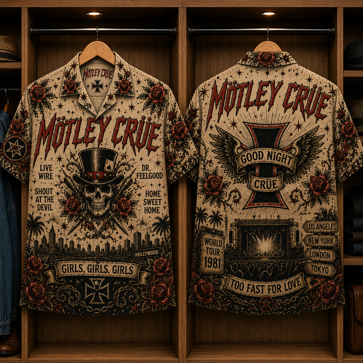 Mötley Crüe Girls, Girls, Girls Hawaiian Shirt - Vintage Glam Metal Band Skull Graphic Button-Up Summer Shirt for Rock Fans