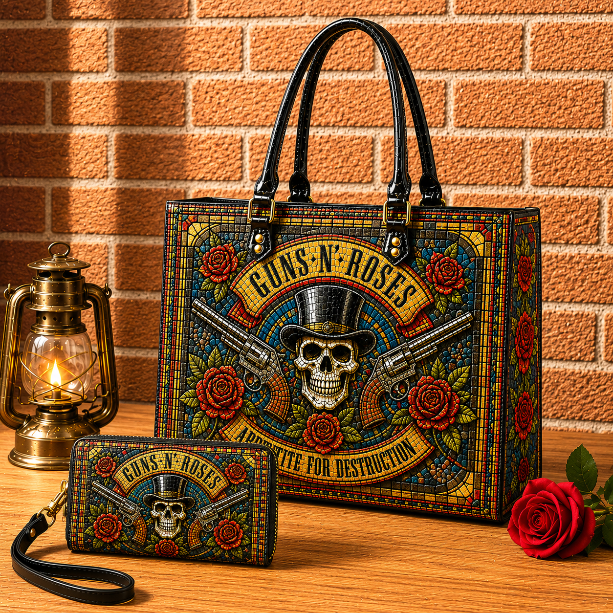 Guns N' Roses Leather Handbag, Leather Tote Bag, Leather Wallet Set - Stained Glass Mosaic Guns N' Roses Band Fan Gift, Luxury Rock Music Accessories