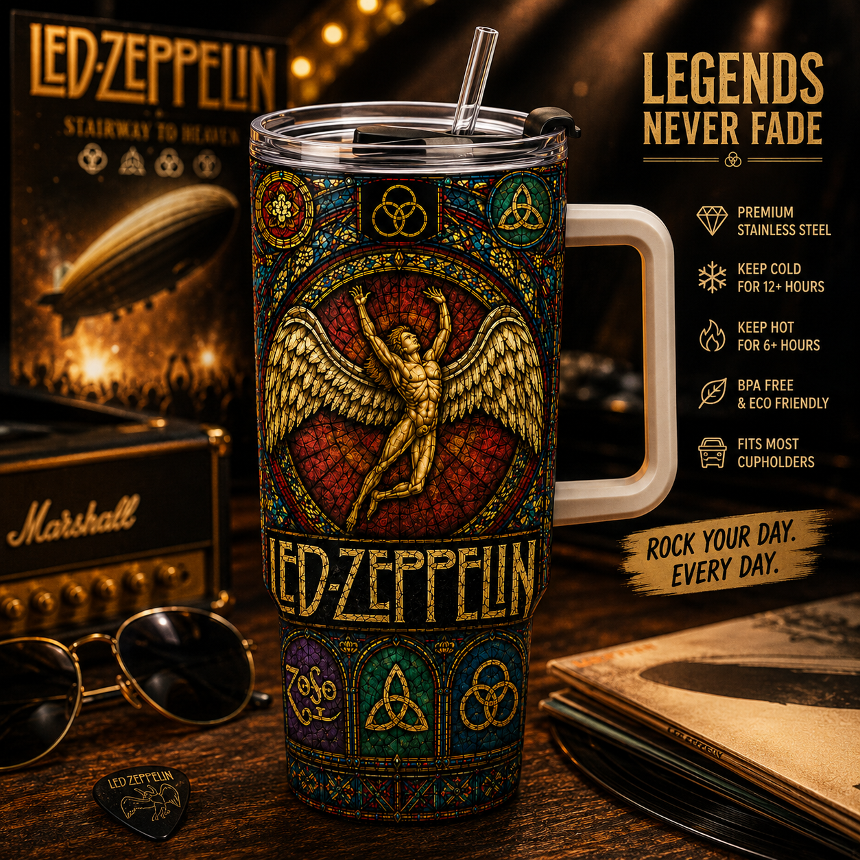 Led Zeppelin Stained Glass Tumbler - 20oz & 40oz Stainless Steel Travel Mug Inspired by Classic Rock