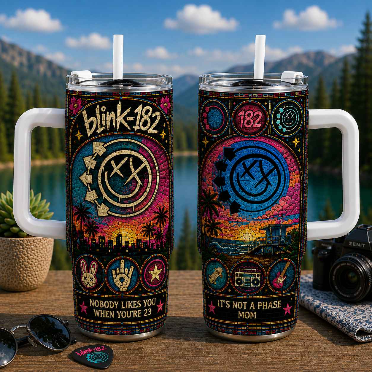 Blink-182 20oz & 40oz Stained Glass Stainless Steel Tumbler - Classic Rock Travel Mug With Lid and Straw