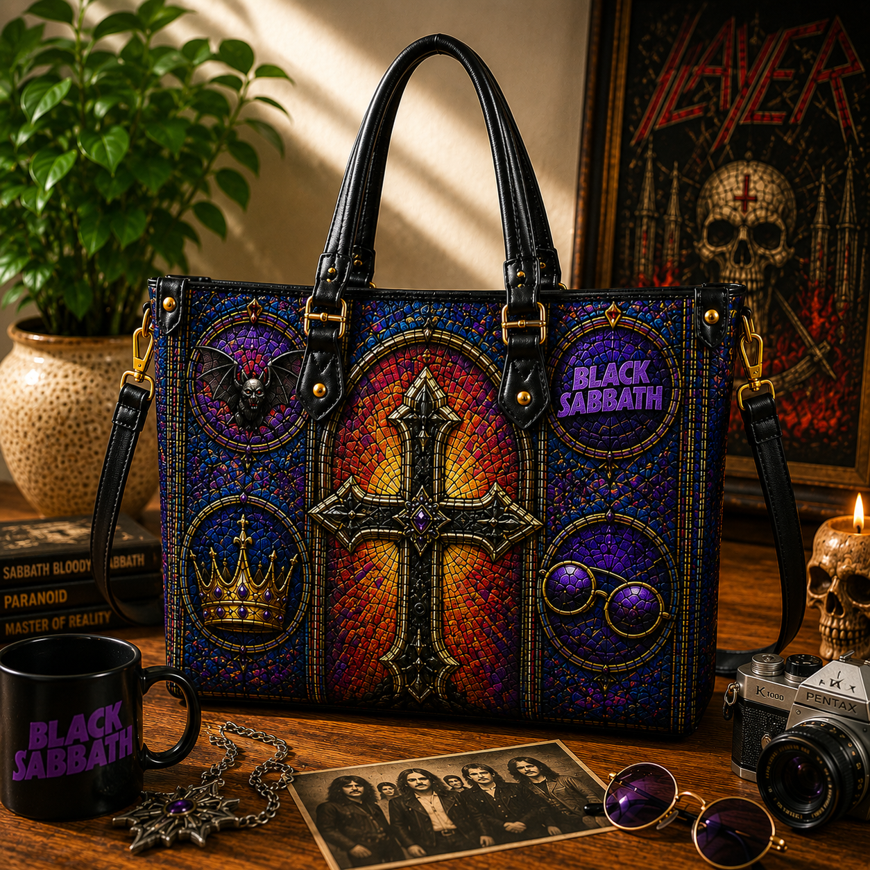 Black Sabbath Leather Handbag, Leather Tote Bag, Leather Wallet Set - Stained Glass Black Sabbath Band Fan Gift, Luxury Rock Music Accessories