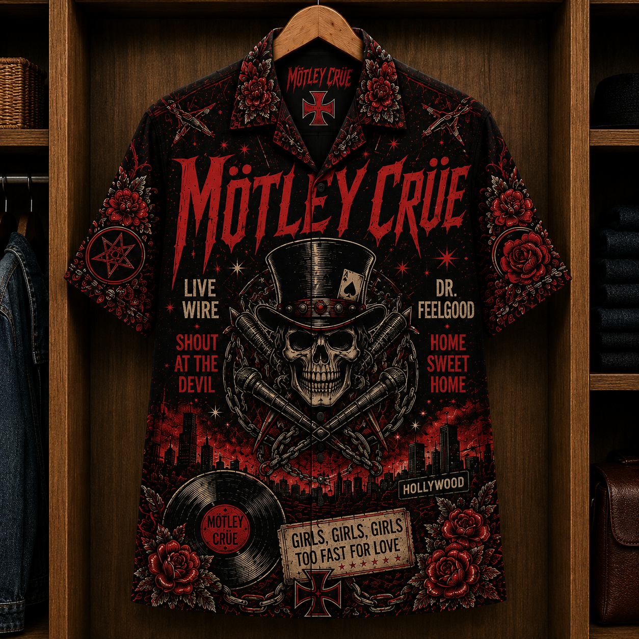 Mötley Crüe Too Fast for Love Hawaiian Shirt - Vintage Glam Metal Band Skull Graphic Button-Up Summer Shirt for Rock Fans