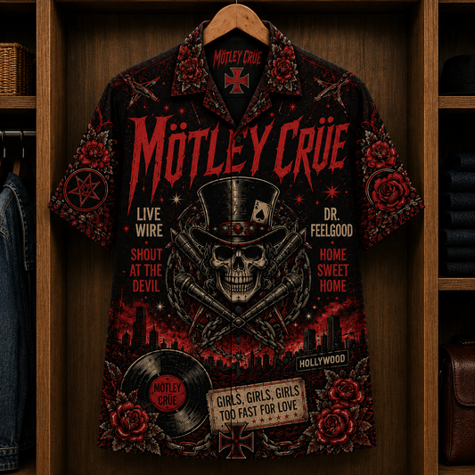 Mötley Crüe Too Fast for Love Hawaiian Shirt - Vintage Glam Metal Band Skull Graphic Button-Up Summer Shirt for Rock Fans