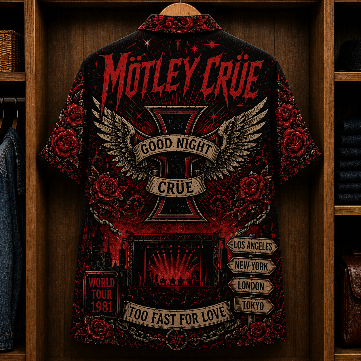 Mötley Crüe Too Fast for Love Hawaiian Shirt - Vintage Glam Metal Band Skull Graphic Button-Up Summer Shirt for Rock Fans