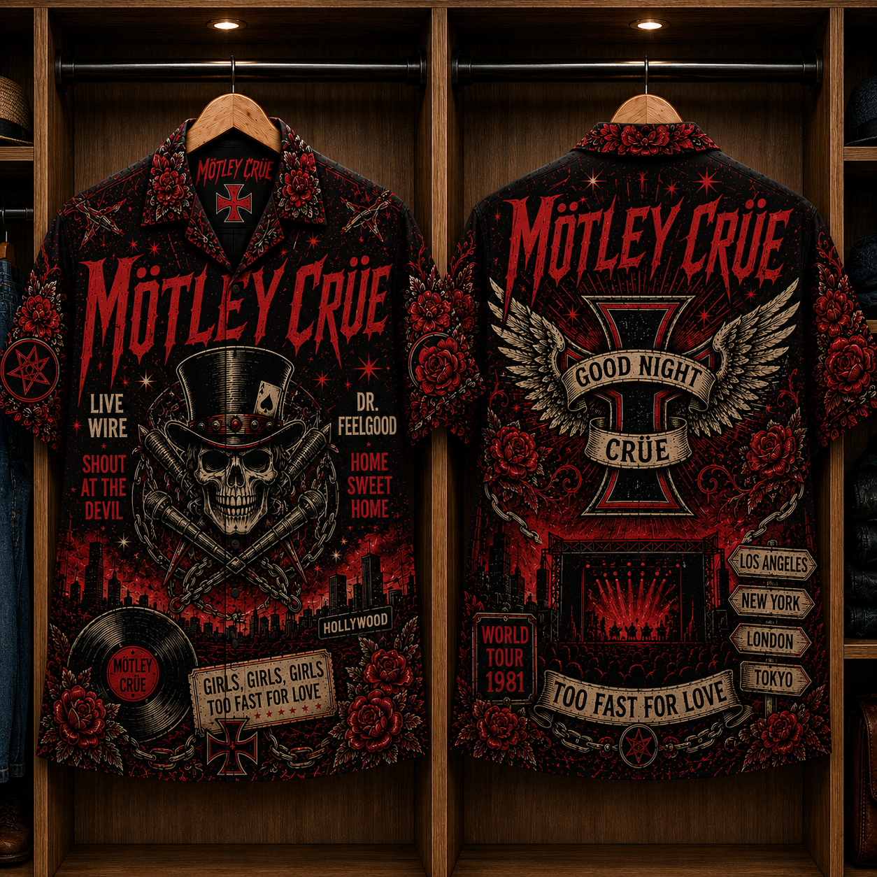 Mötley Crüe Too Fast for Love Hawaiian Shirt - Vintage Glam Metal Band Skull Graphic Button-Up Summer Shirt for Rock Fans