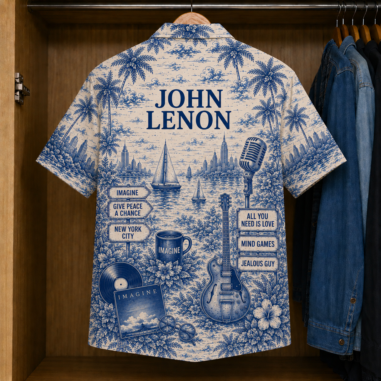 John Lennon Hawaiian Shirt – Vintage Tropical Toile Button-Up Featuring Imagine, Give Peace a Chance & New York-Inspired Artwork