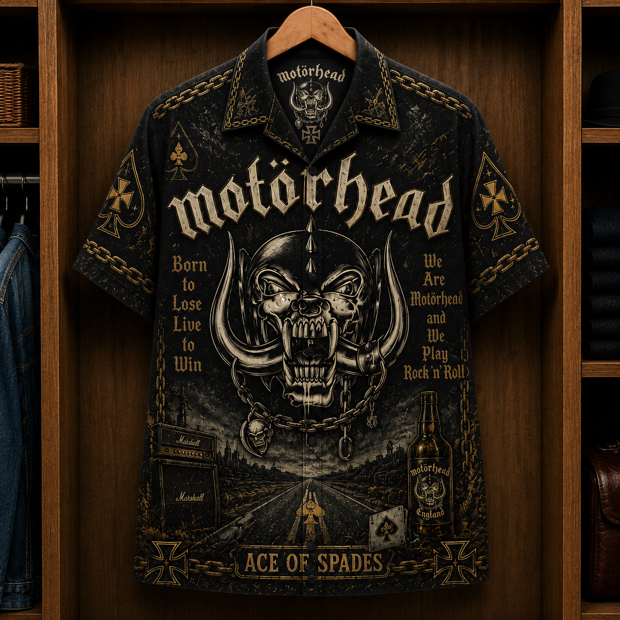 Motörhead Ace of Spades Hawaiian Shirt - Born to Raise Hell Rock Band Button-Up Shirt Vintage Heavy Metal Fan Gift