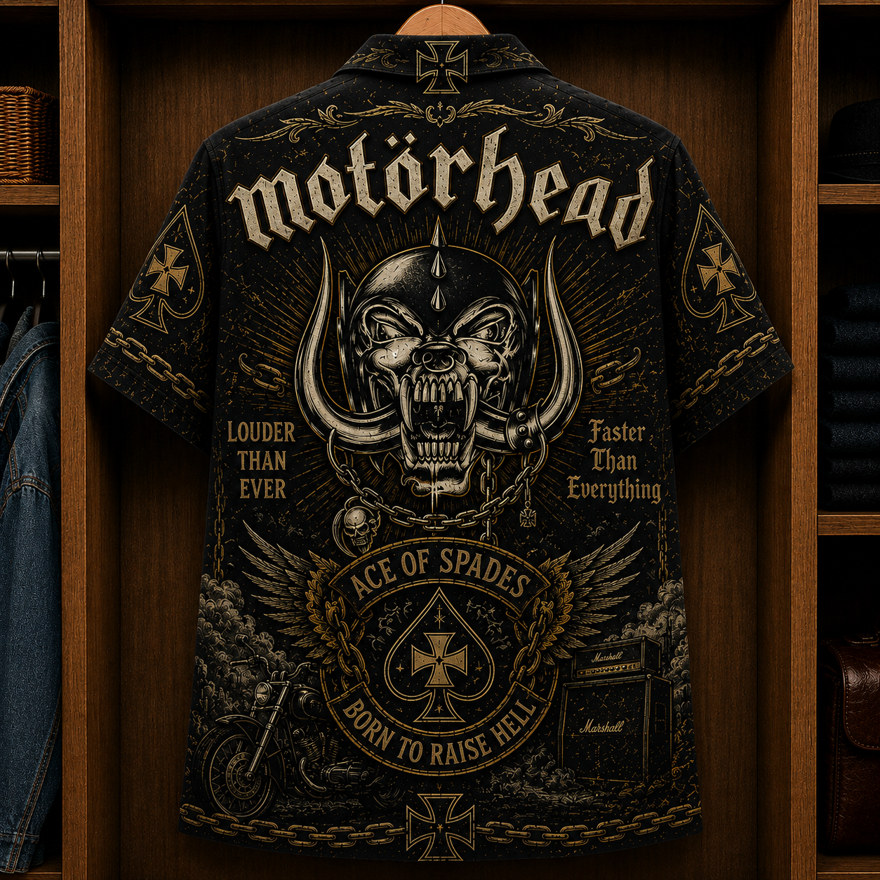 Motörhead Ace of Spades Hawaiian Shirt - Born to Raise Hell Rock Band Button-Up Shirt Vintage Heavy Metal Fan Gift