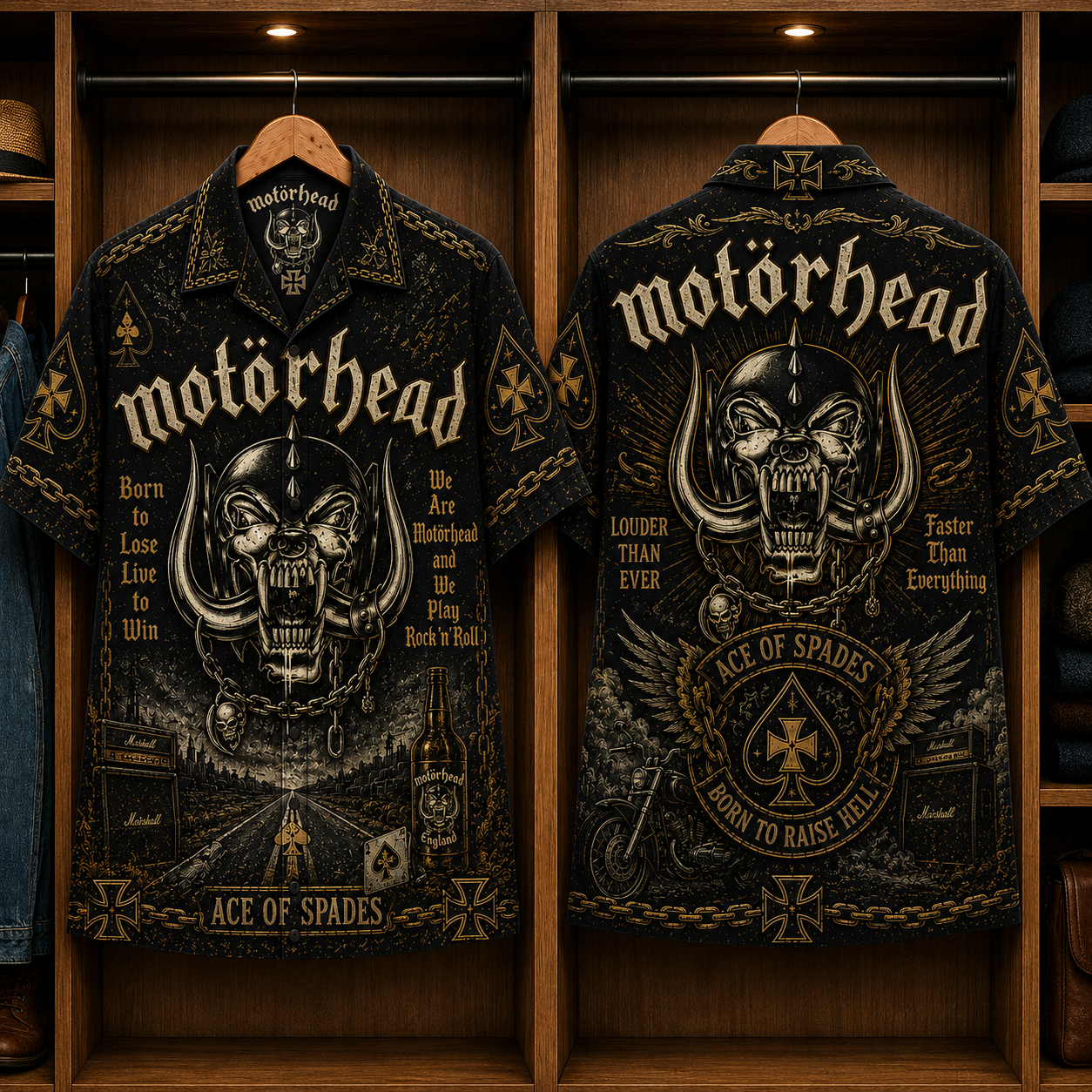 Motörhead Ace of Spades Hawaiian Shirt - Born to Raise Hell Rock Band Button-Up Shirt Vintage Heavy Metal Fan Gift
