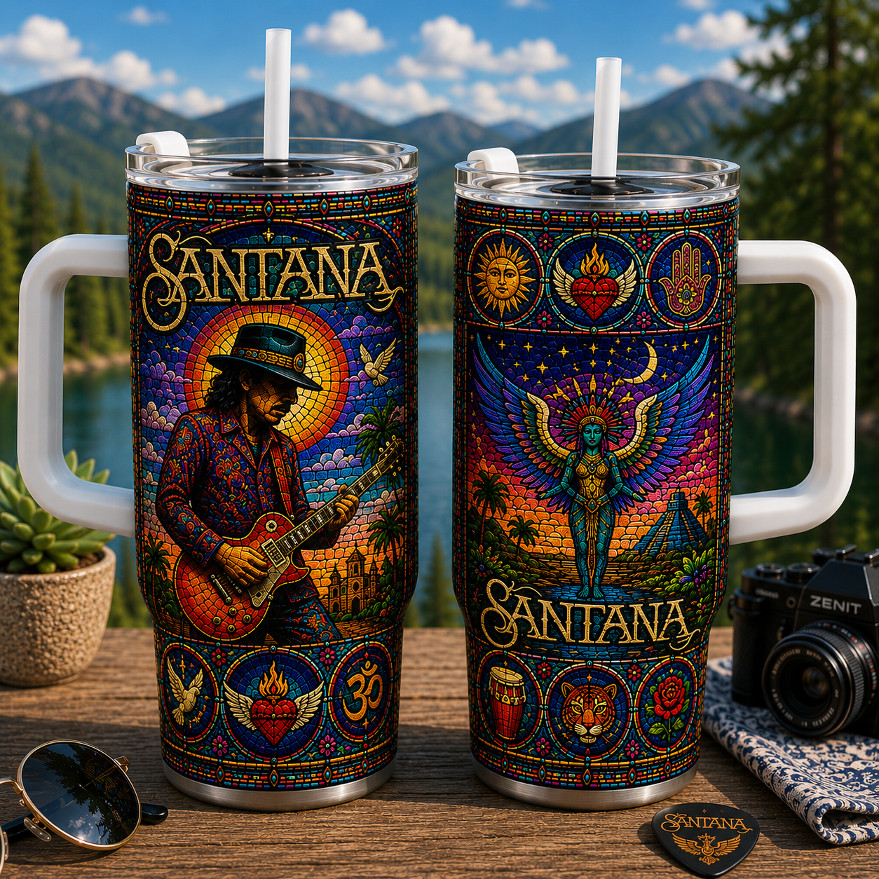 Santana 20oz & 40oz Stained Glass Stainless Steel Tumbler - Latin Rock Travel Mug With Lid and Straw
