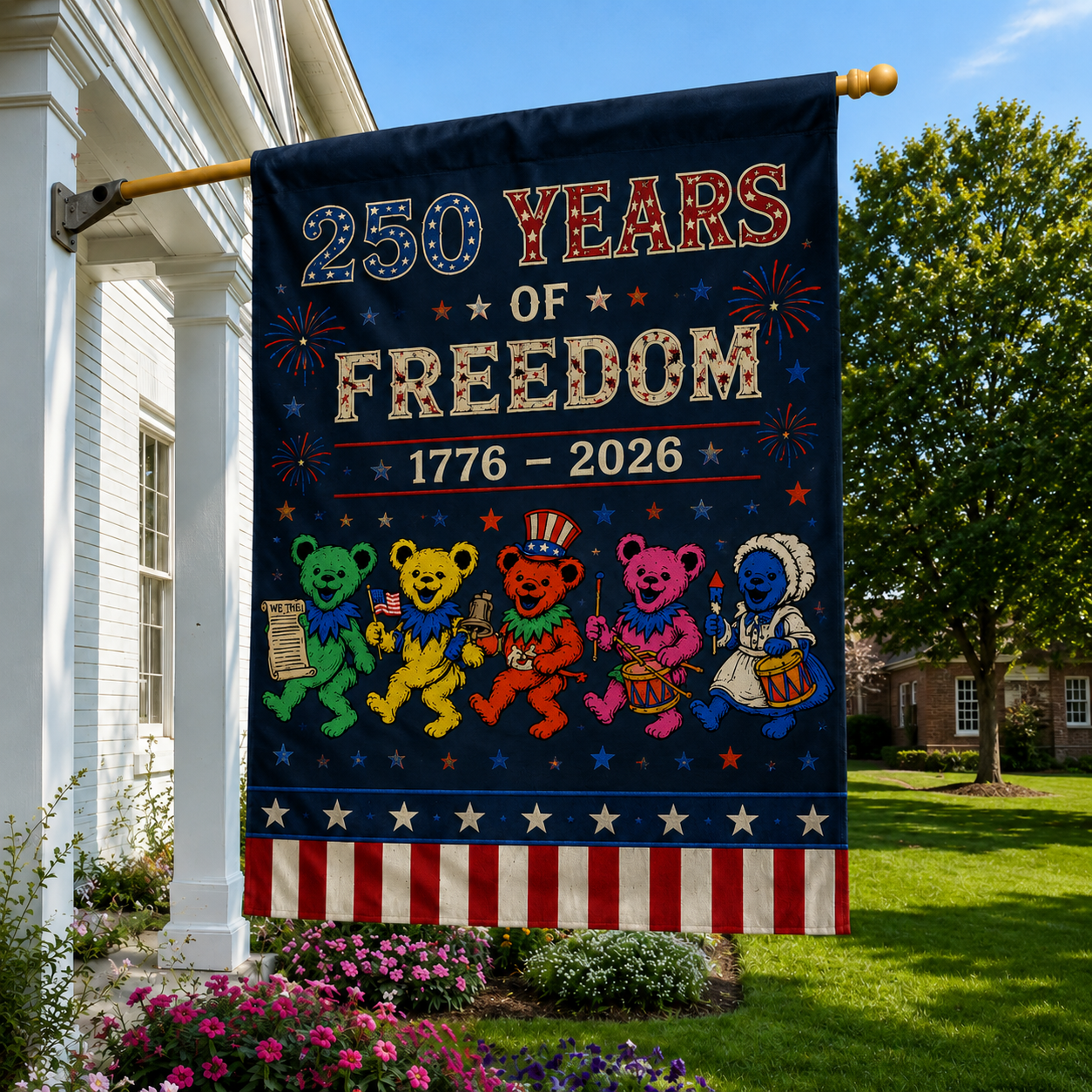 250 Years of Freedom Garden House Flag, Grateful Dead Inspired Patriotic Bears Flag, America 250th Anniversary Decor, Independence Day Yard Flag, 1776–2026