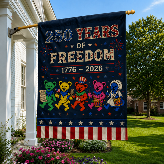 250 Years of Freedom Garden House Flag, Grateful Dead Inspired Patriotic Bears Flag, America 250th Anniversary Decor, Independence Day Yard Flag, 1776–2026