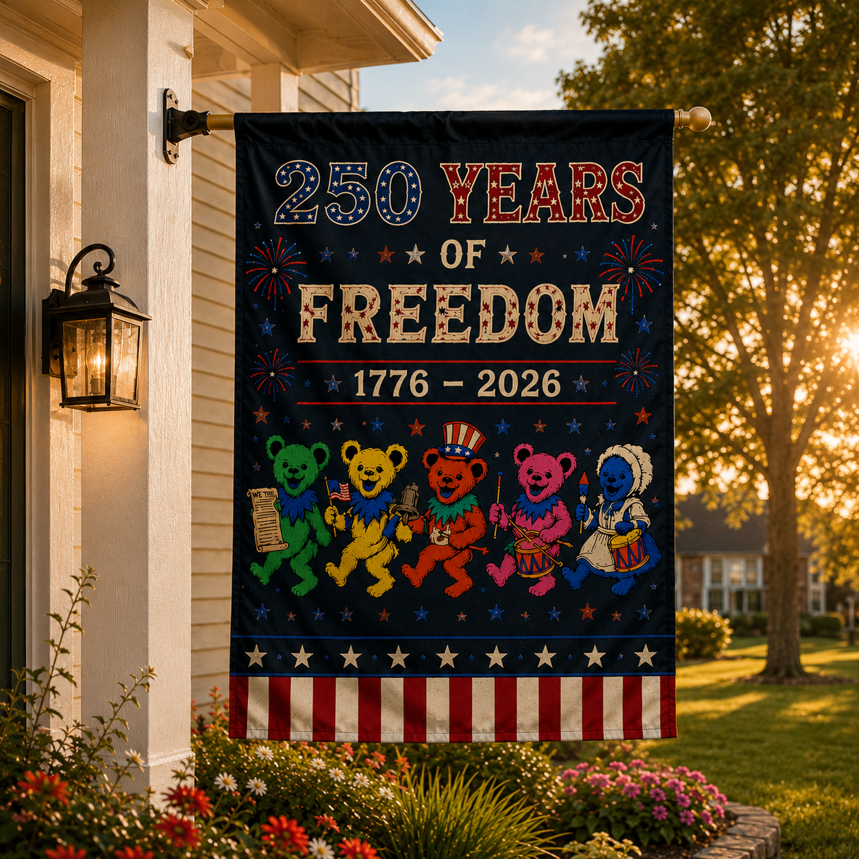 250 Years of Freedom Garden House Flag, Grateful Dead Inspired Patriotic Bears Flag, America 250th Anniversary Decor, Independence Day Yard Flag, 1776–2026