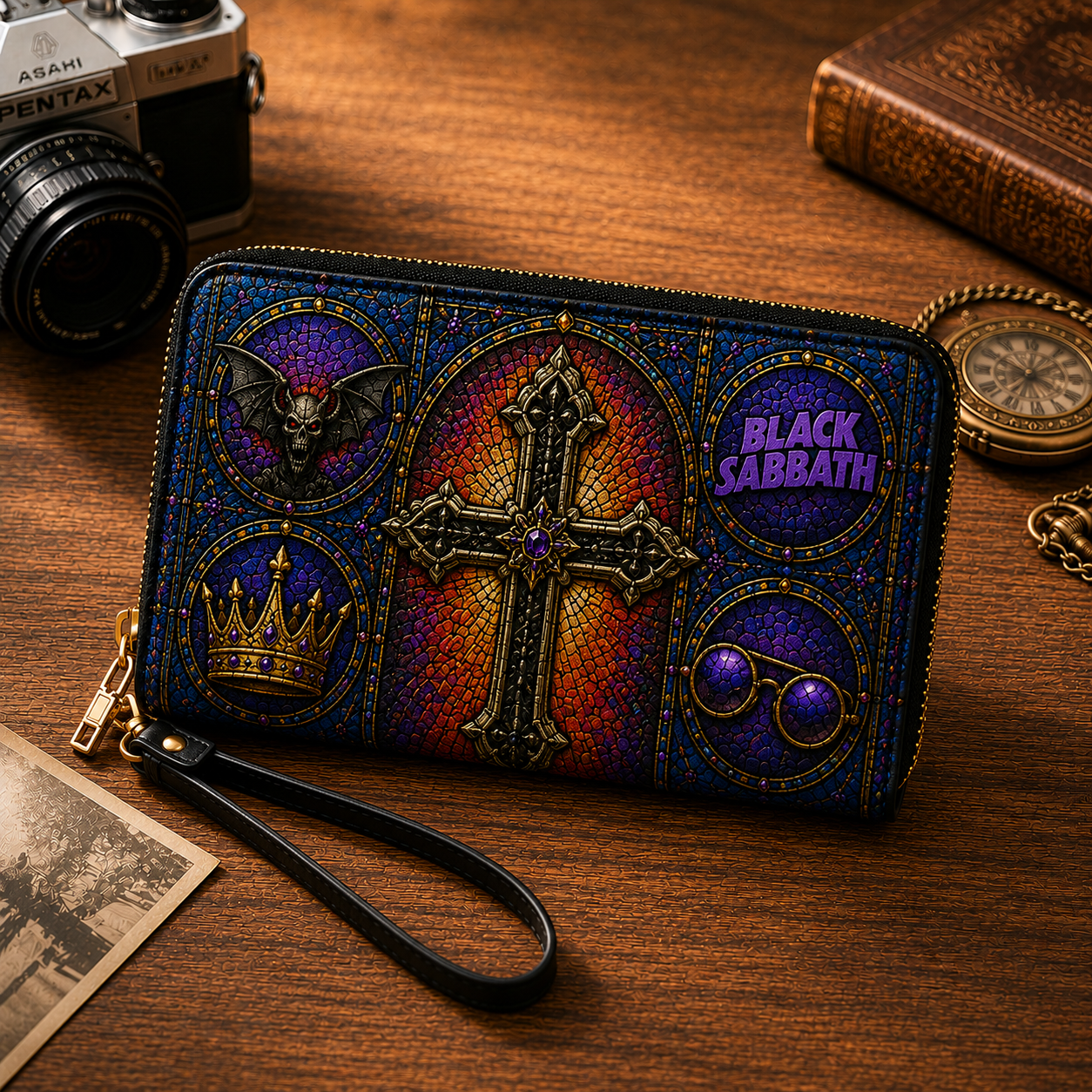 Black Sabbath Leather Handbag, Leather Tote Bag, Leather Wallet Set - Stained Glass Black Sabbath Band Fan Gift, Luxury Rock Music Accessories
